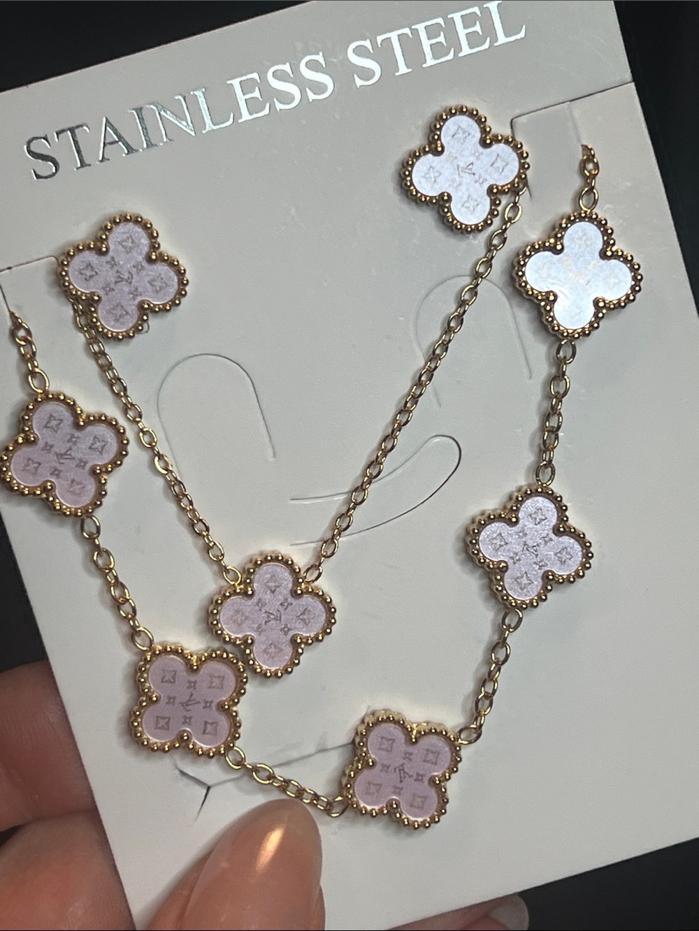 Stainless Steel Gold-Tone Clover Necklace, Bracelet & Earring Set - White Inlay